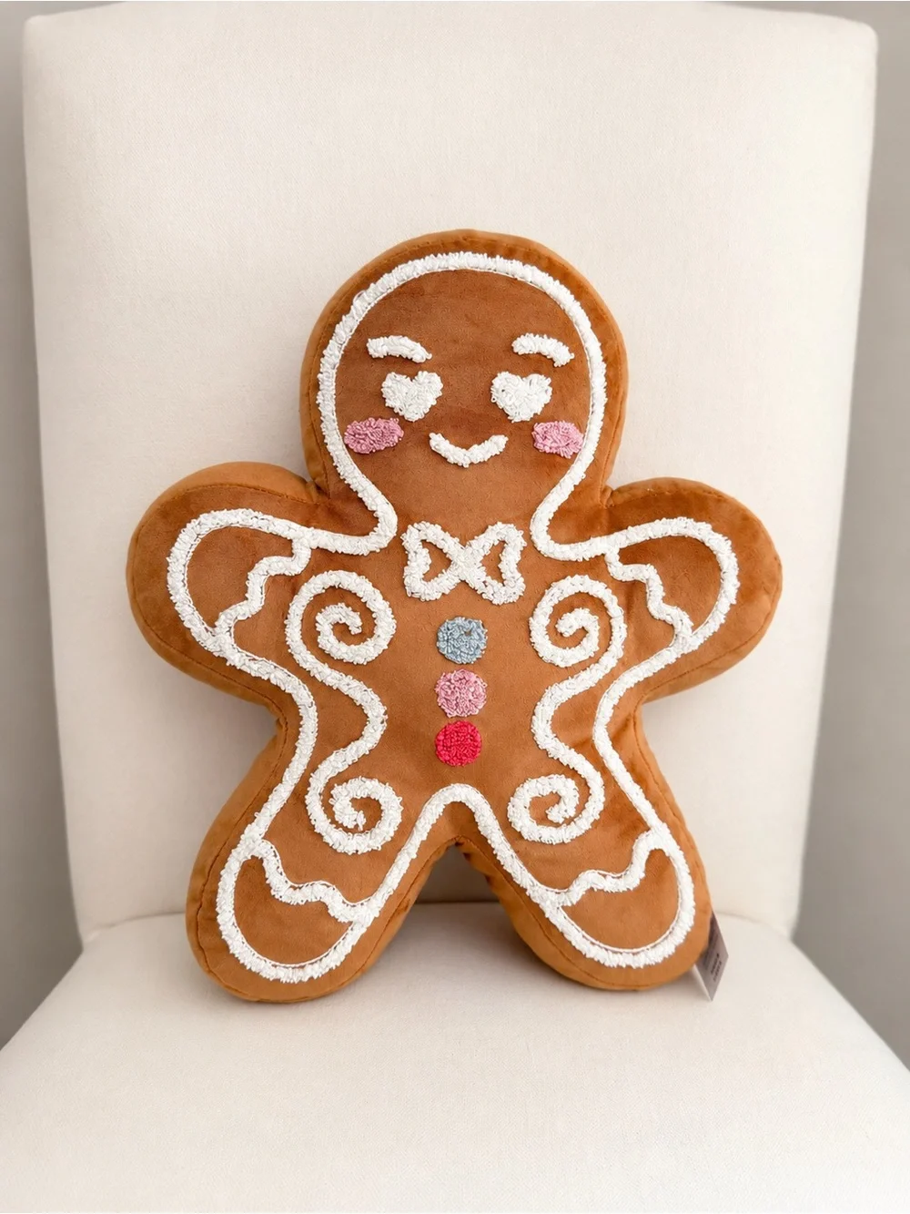 ✨ NEW ✨ Cute Gingerbread Plush Holiday Pillow - Brown with White, Pink, and Blue